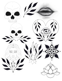 a black and white drawing of skulls, leaves, and a woman's lips