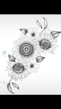 a black and white drawing of sunflowers on a white background