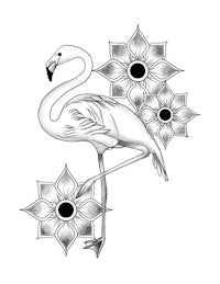 a black and white drawing of a flamingo with flowers