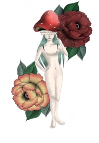 a tattoo of a woman with a mushroom hat and roses